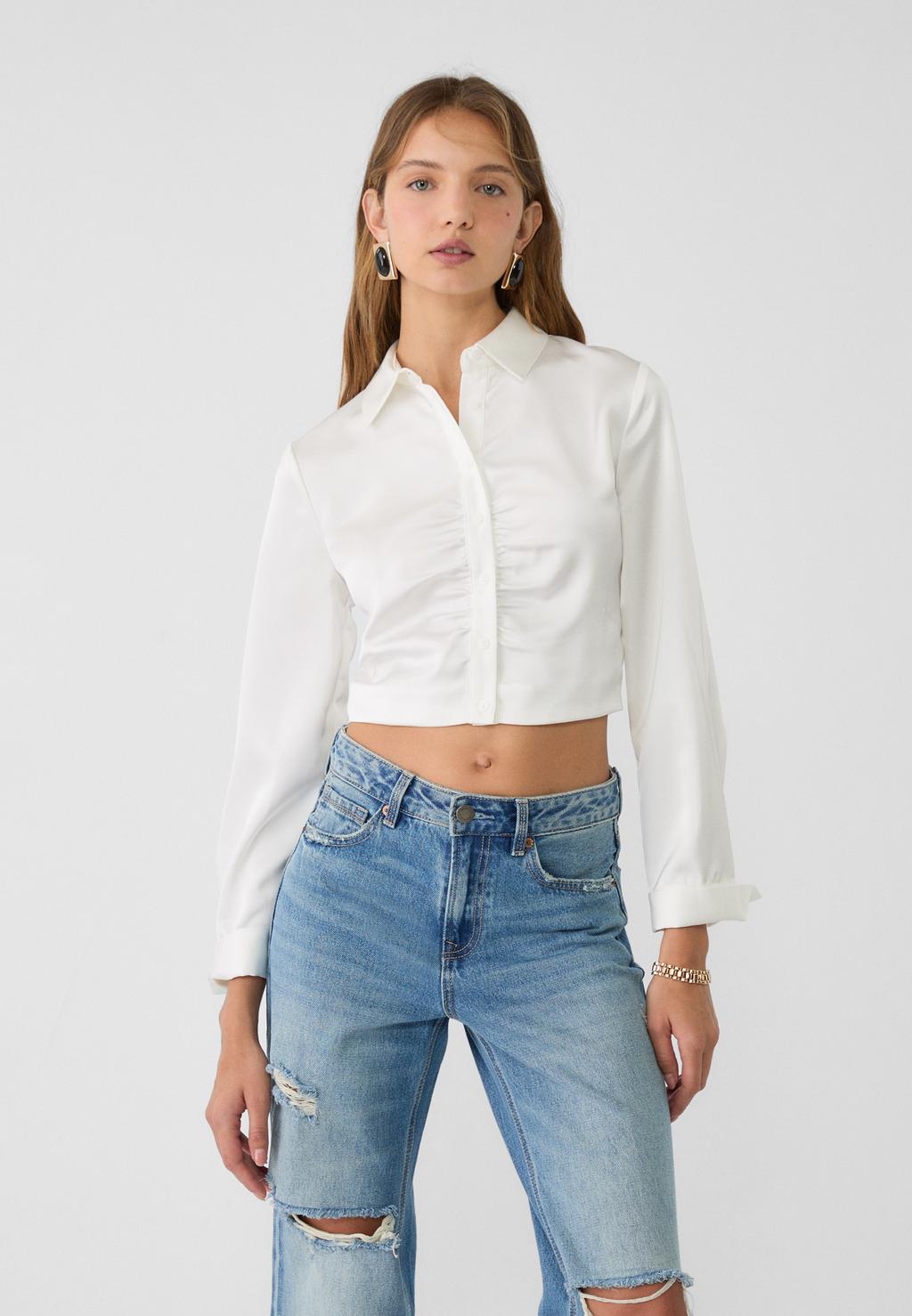 Cropped satin shirt with gathered detail