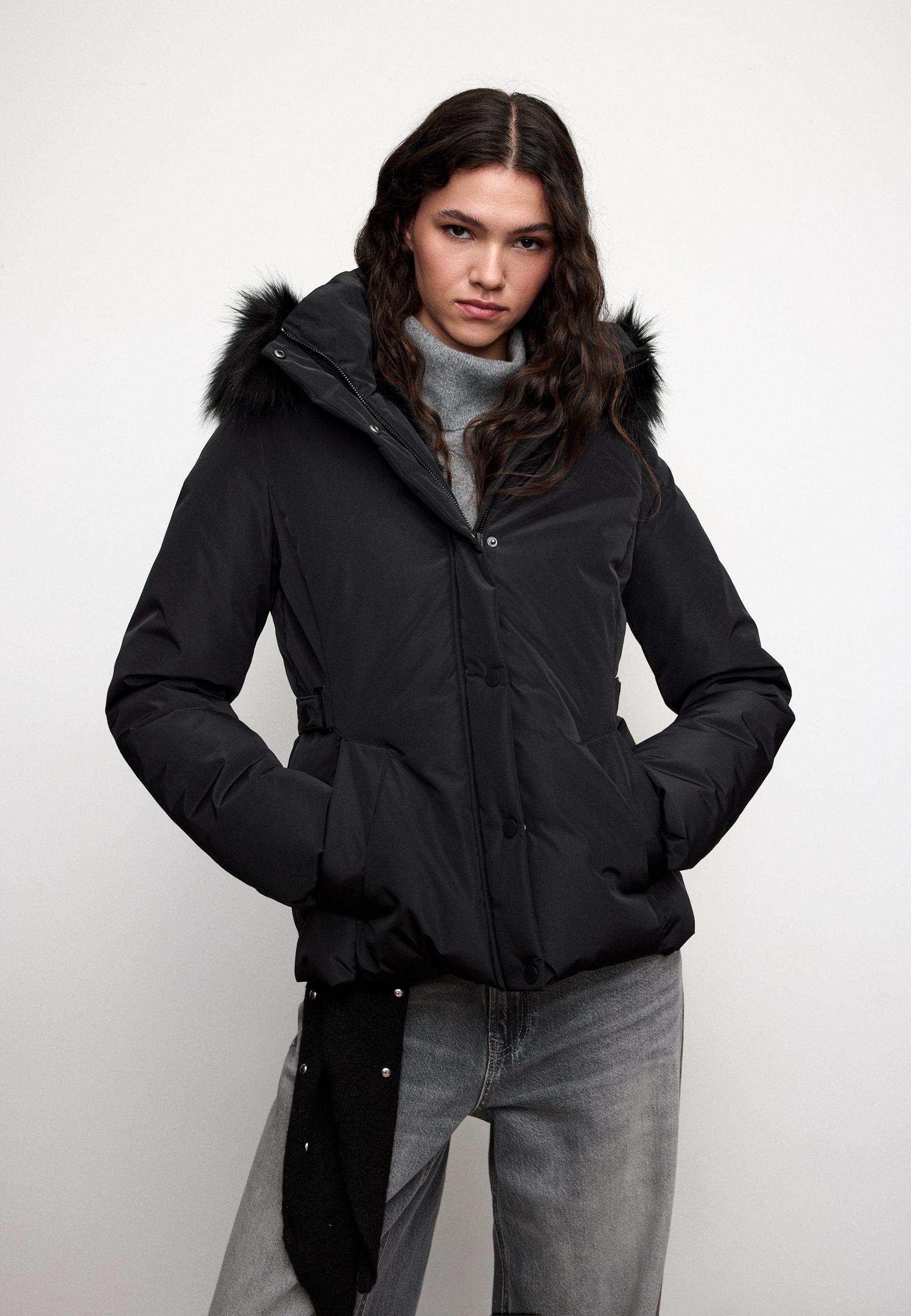 Padded slim fit jacket with fur hood - Women's fashion