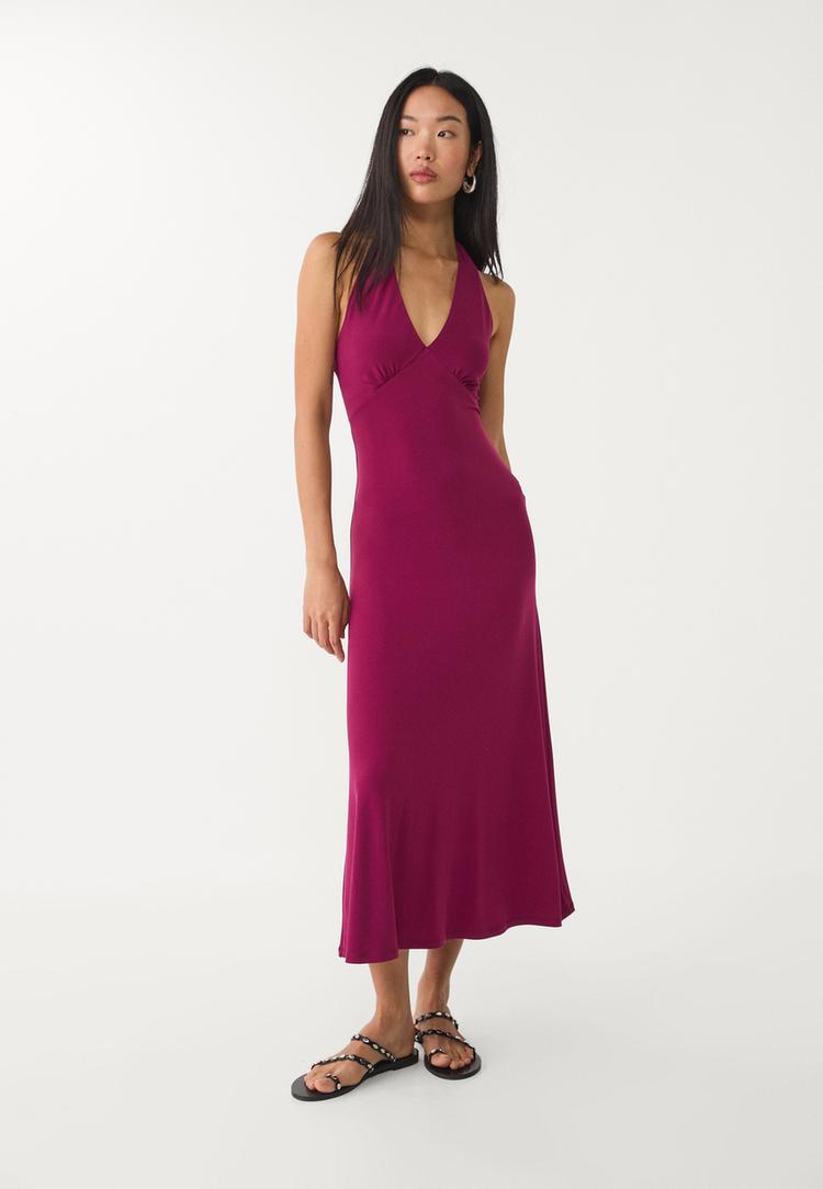 Stradivarius Midi Šaty S Uzlom Vzadu Nude Pink S