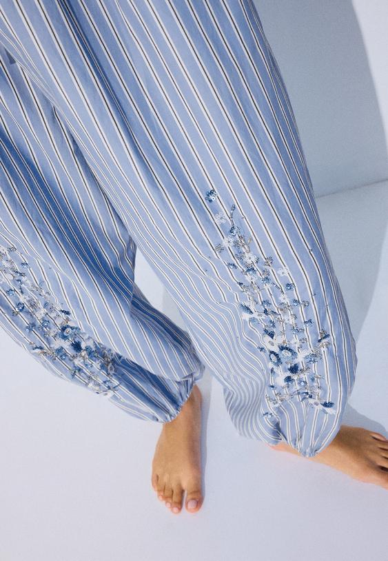 Stradivarius Embroidered Balloon Trousers Sky Blue Xs