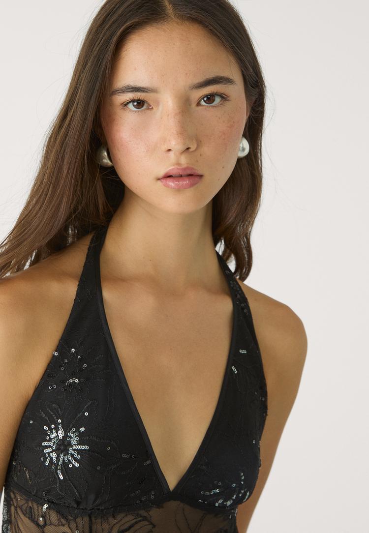 top halter bordado brillos