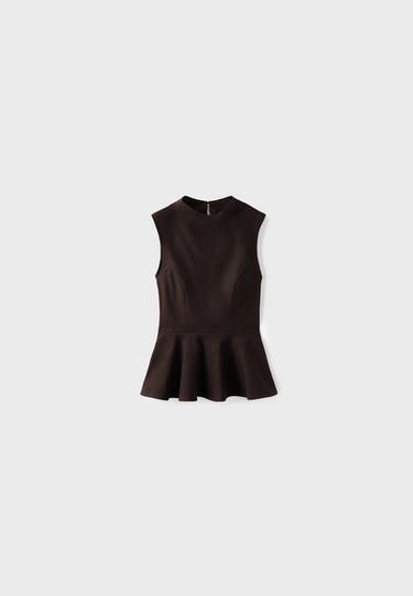 Sleeveless peplum top with high neck — Brown 7