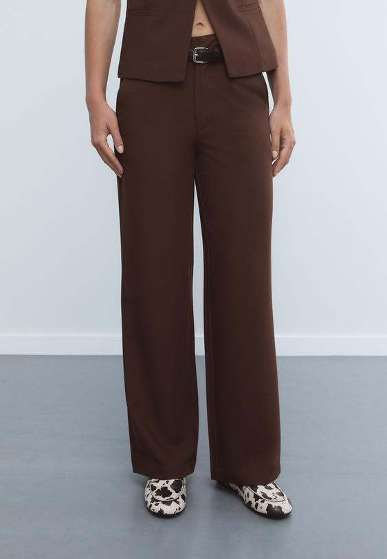 duz kesim dokumlu kemerli pantolon