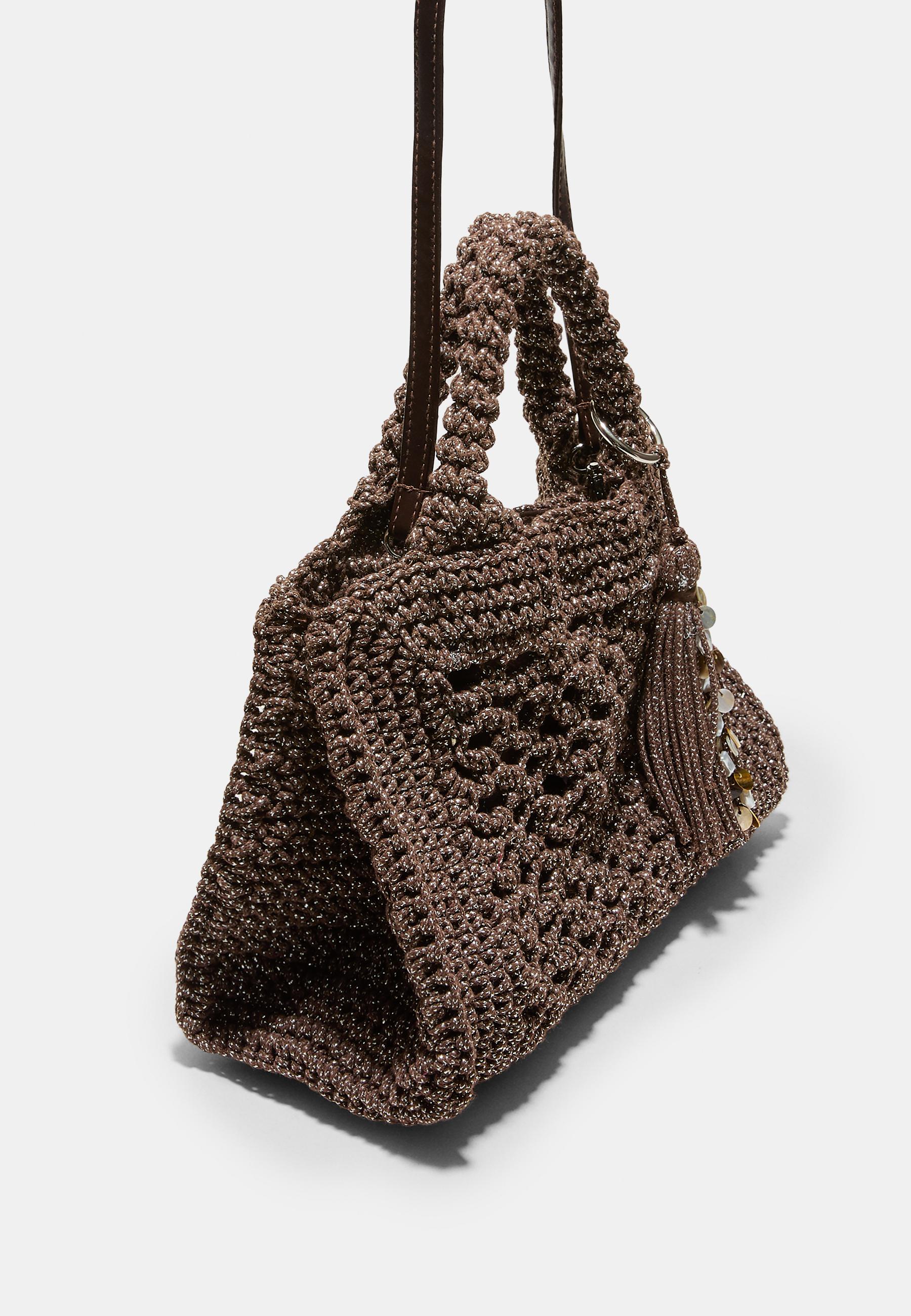 Metallic yarn crochet tote bag — Brown