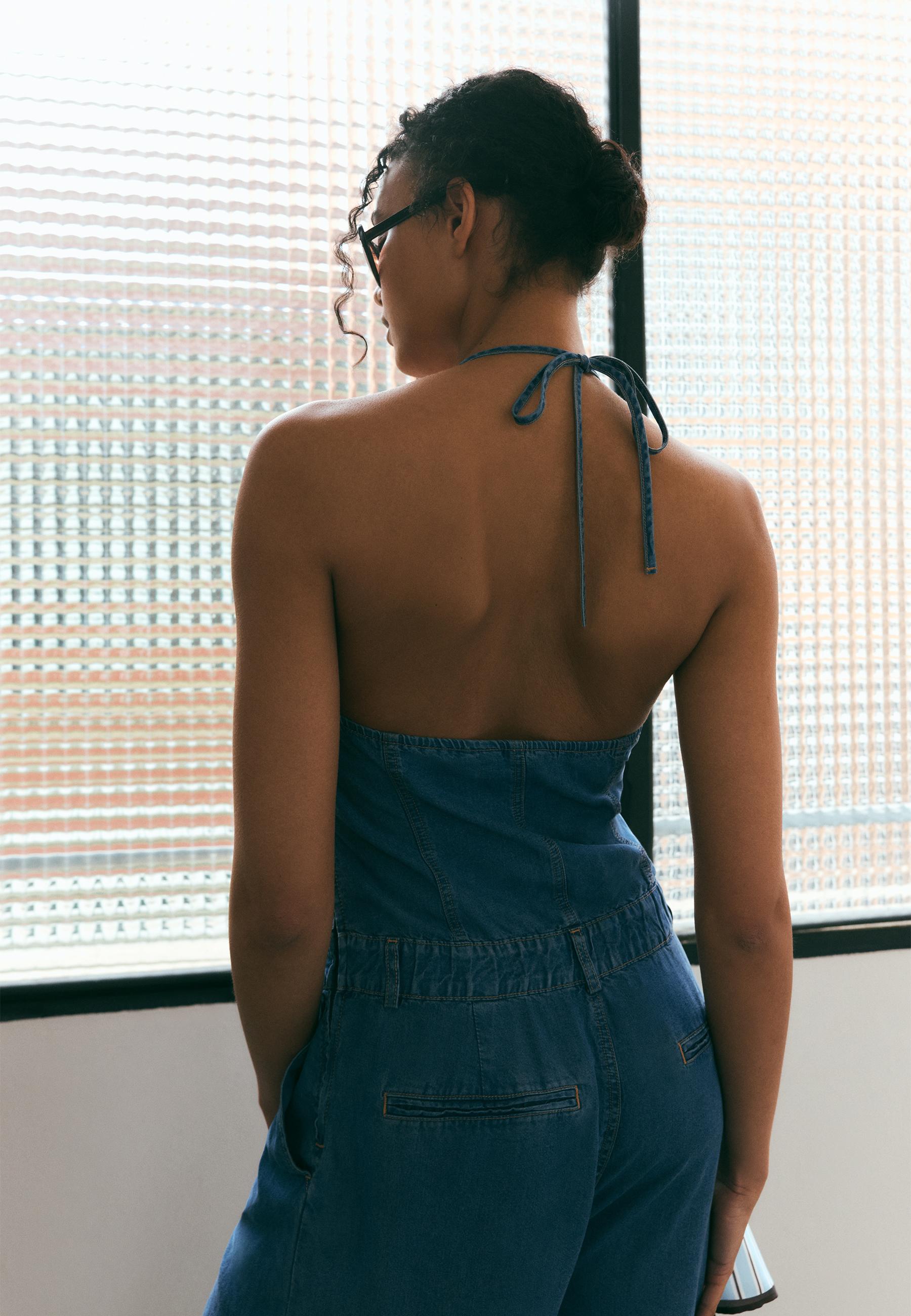 Halter denim jumpsuit with scarf — MEDIUM LIGHT BLUE DENIM