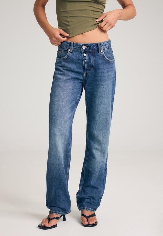 Stradivarius Button-Up Straight Slim Fit Jeans Medium Denim Wash 4