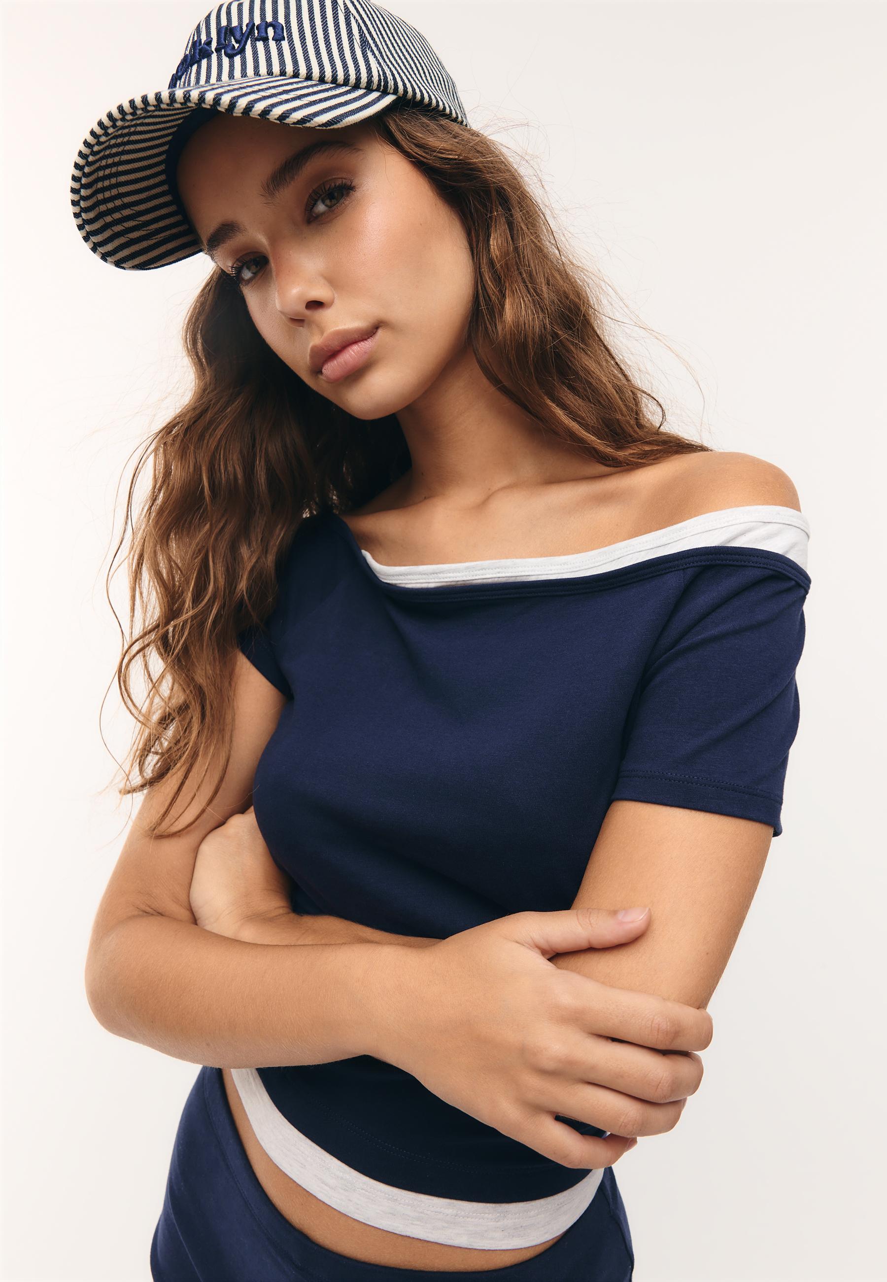 Boat neck short sleeve T-shirt — Dark blue