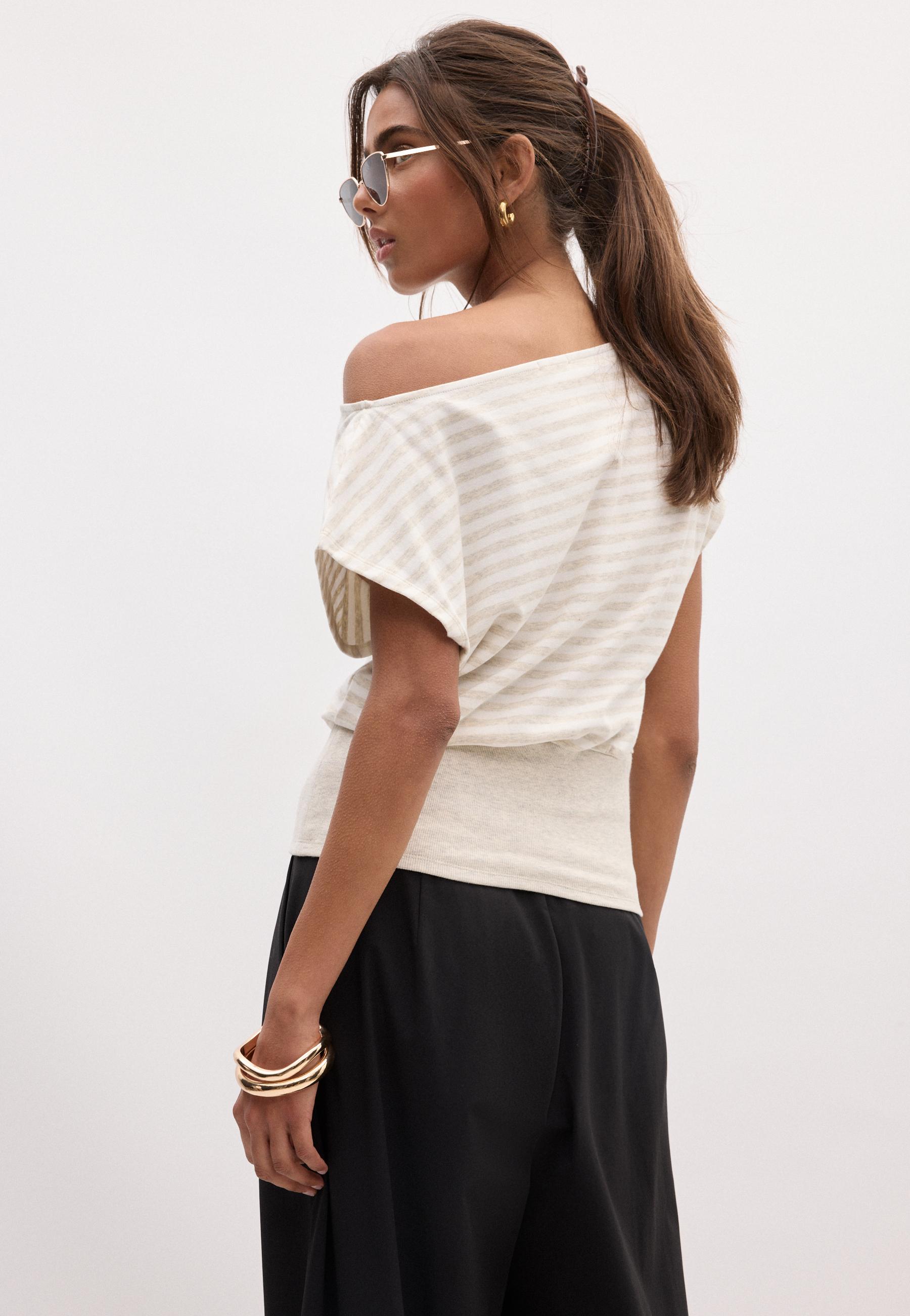 Striped Boat Neck Fitted T-Shirt — Stone