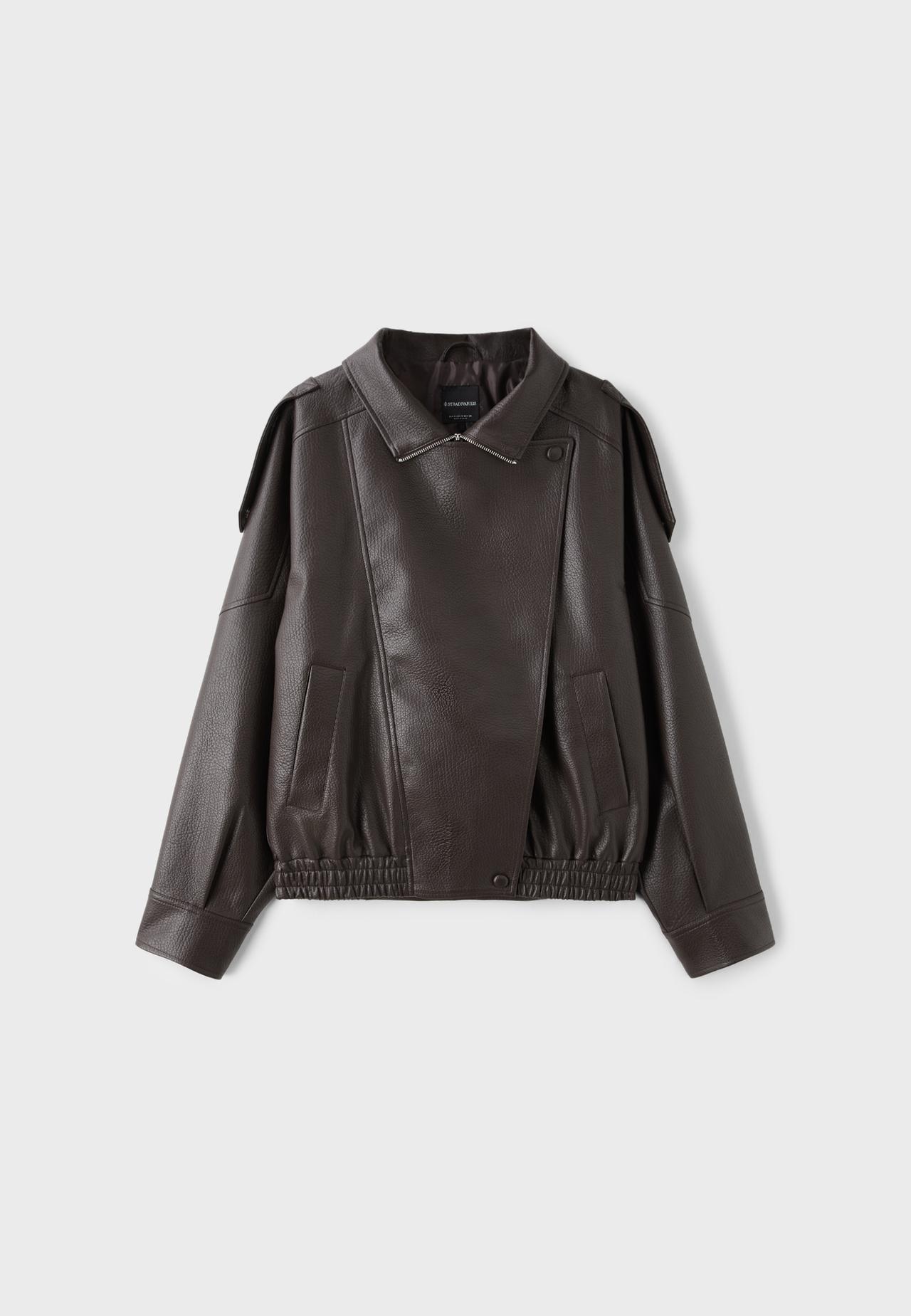 Oversize leather effect biker jacket — Brown