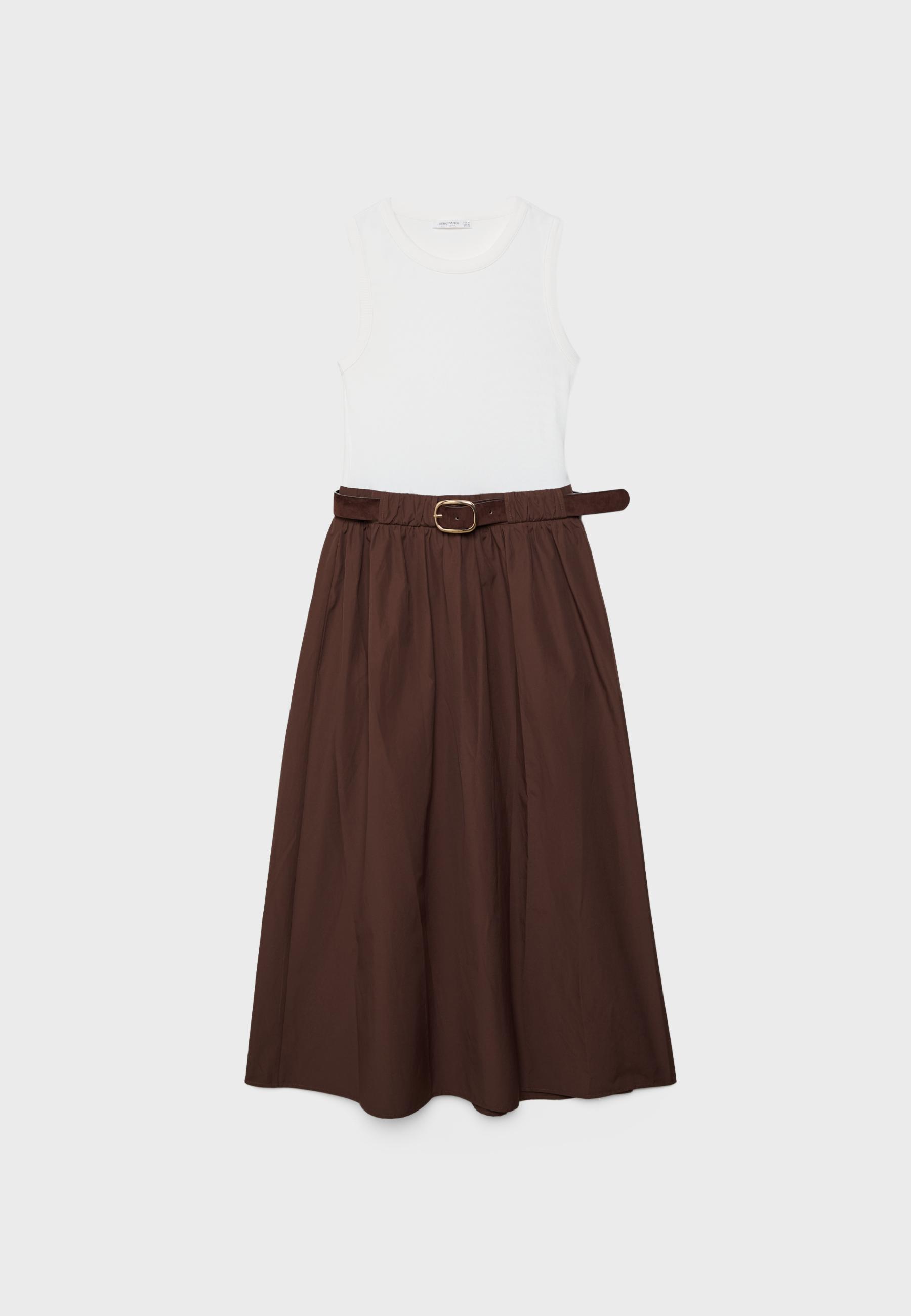 Kolsuz iki malzemeli kemerli midi elbise