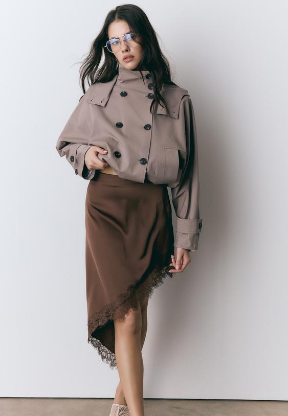 Stradivarius Satin Asymmetric Skirt Brown M