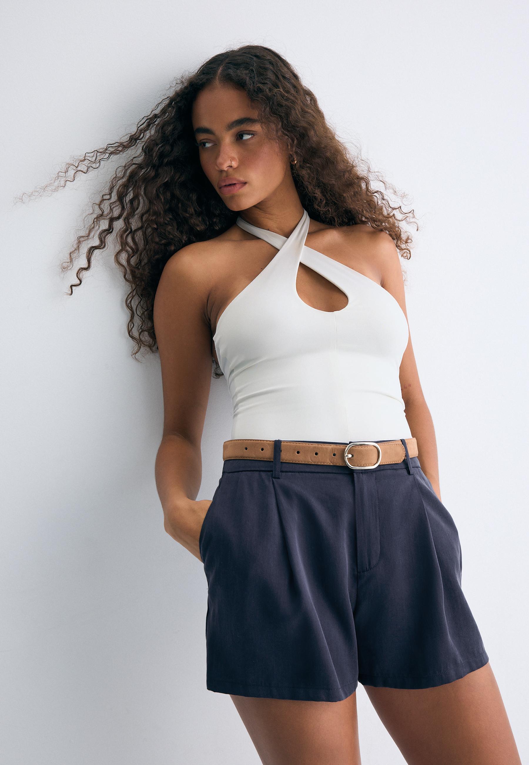 Flowing belted shorts — Dark blue