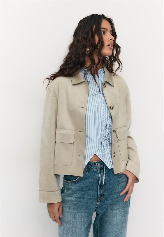 Stradivarius Faux Suede Jacket With Pockets Stone M