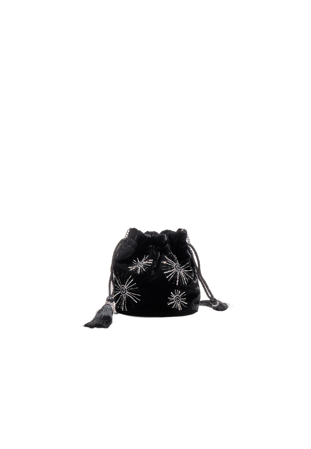 Velvet-effect bucket bag with beads