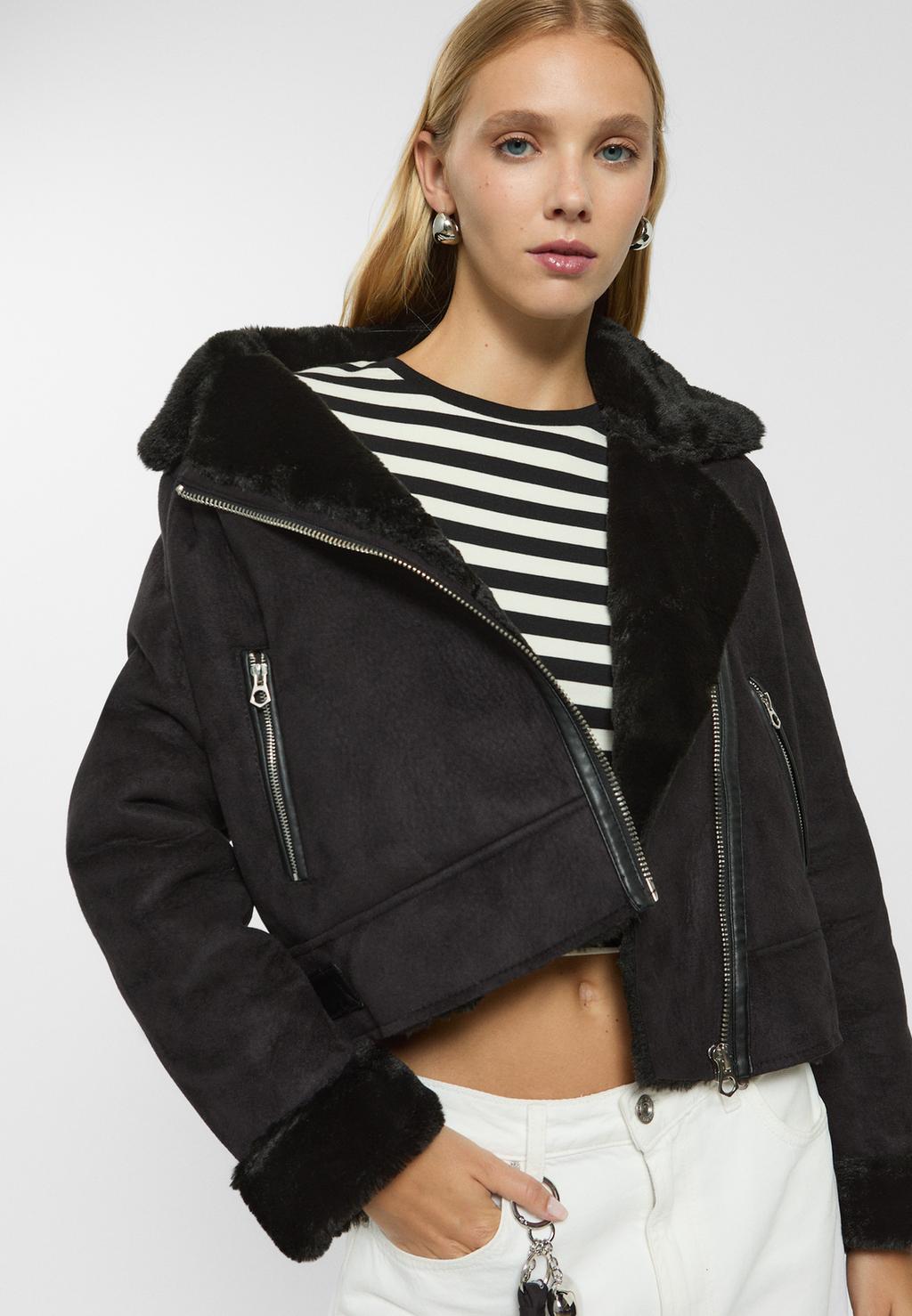 Soft faux fur cropped faux shearling lined biker jacket