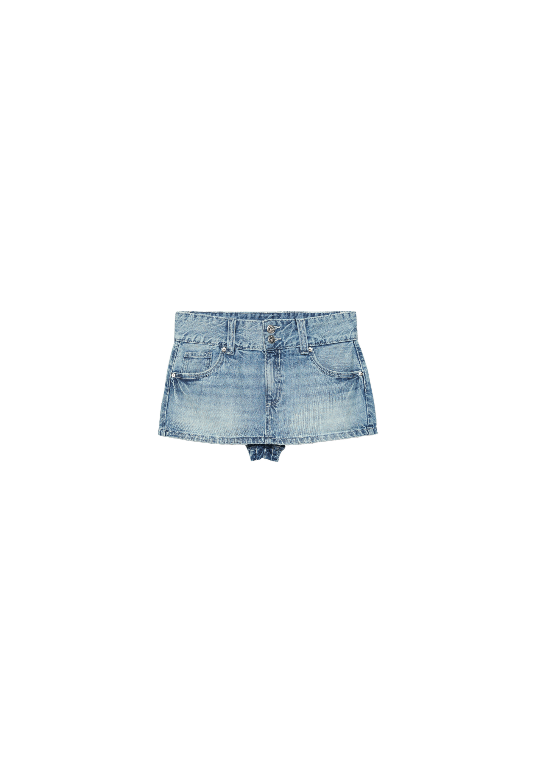 Low-waist denim skort with detailing — OVERDYED BLUE DENIM