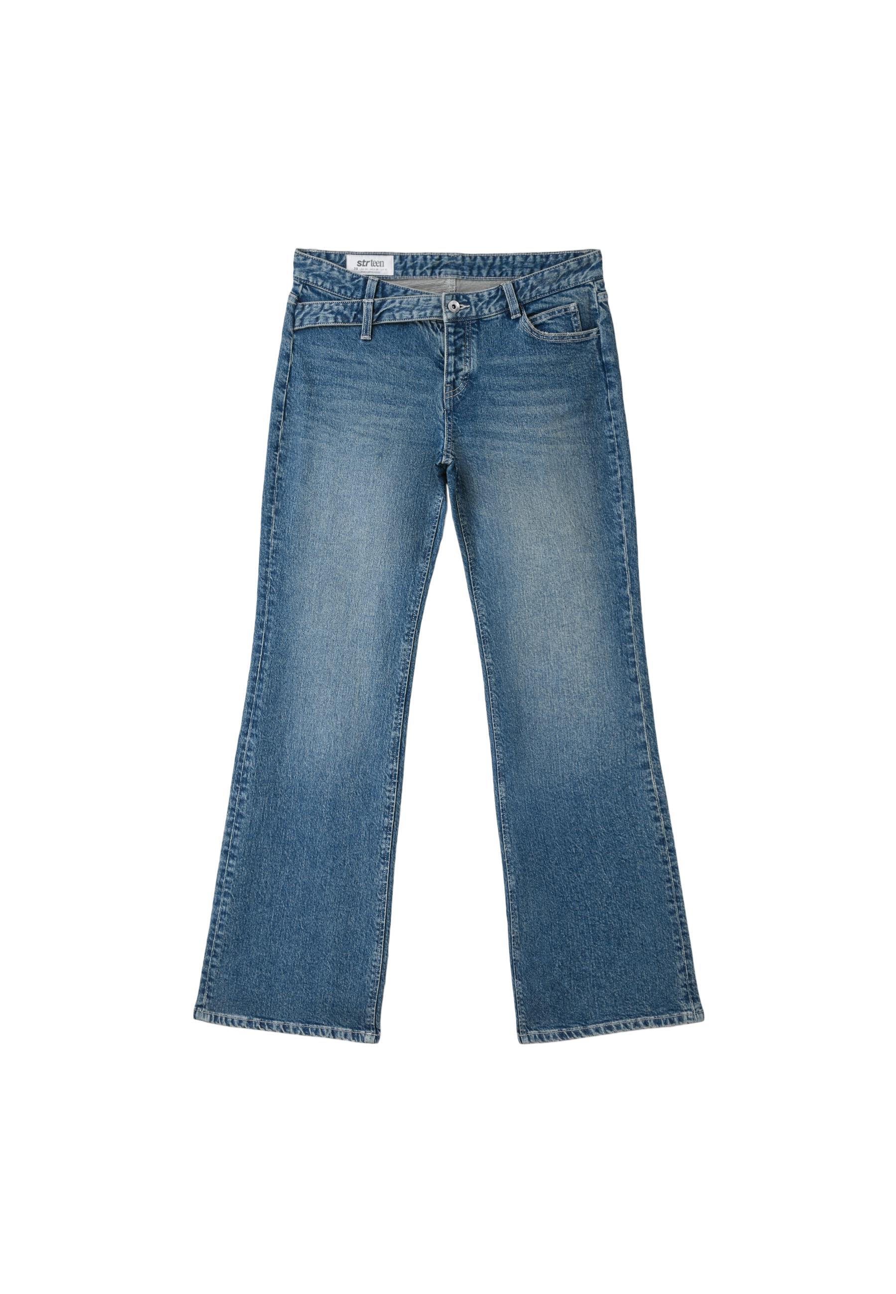 Crossover waistband bell bottom jeans — MEDIUM BLUE DENIM