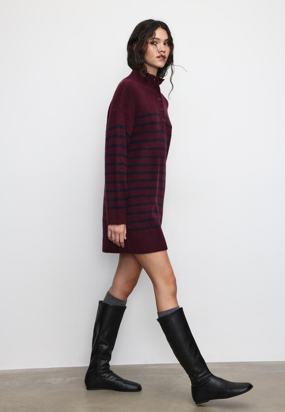 Çizgili dik yaka kısa triko elbise - Görsel 3