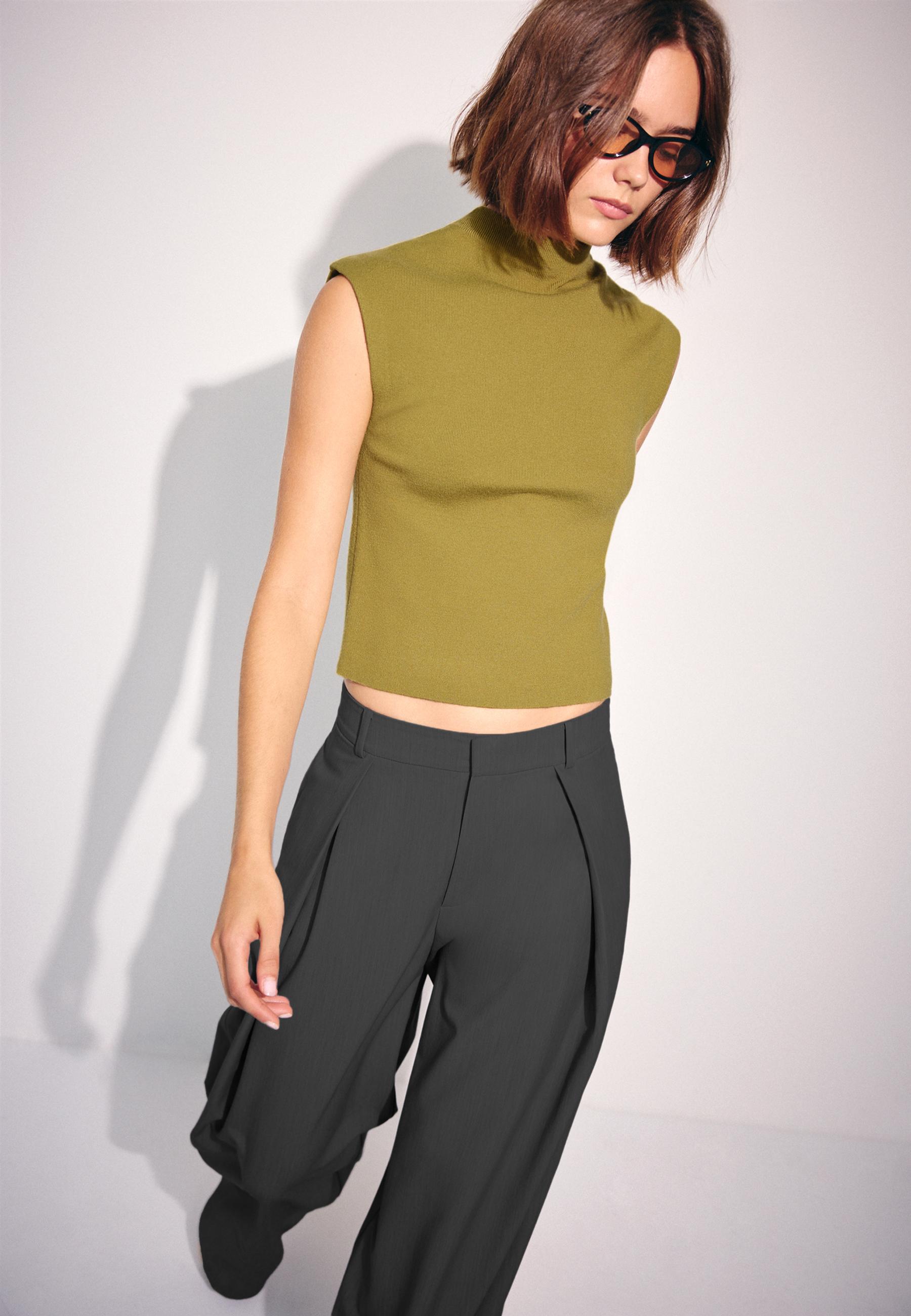 Stand collar knit top — Olive green