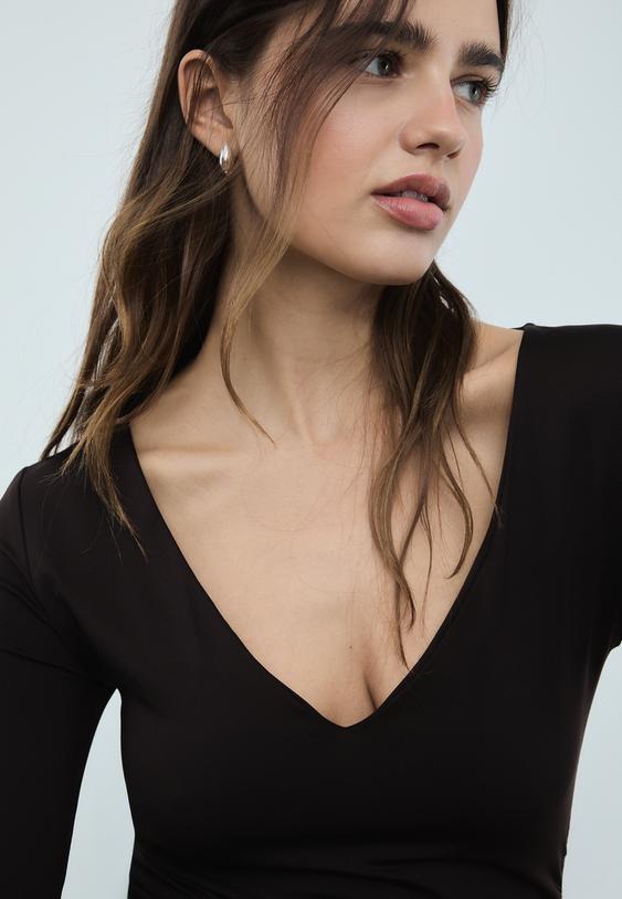 gathered polyamide bodysuit with v neckline