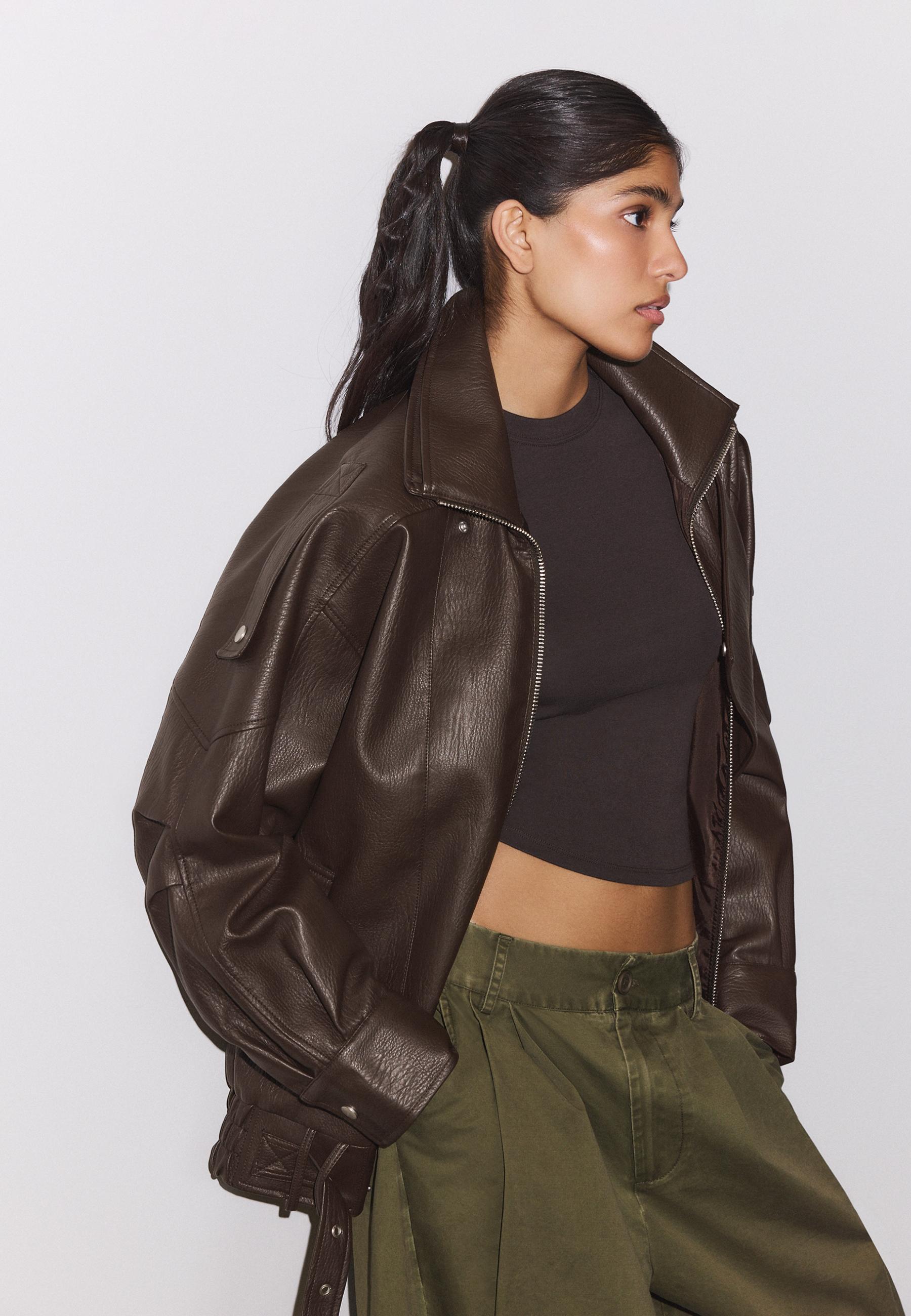 Oversize leather effect lapel jacket — Brown