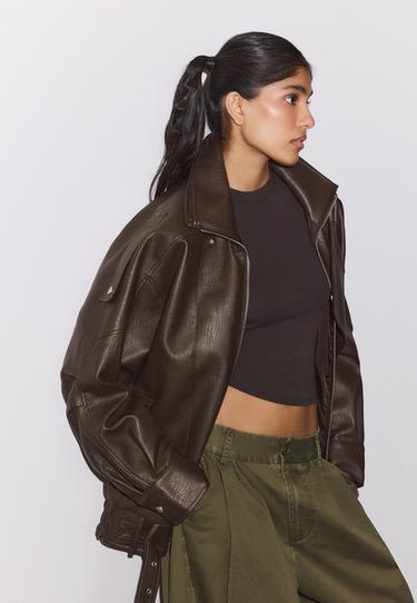 Oversize leather effect jacket with flap — Brown 6