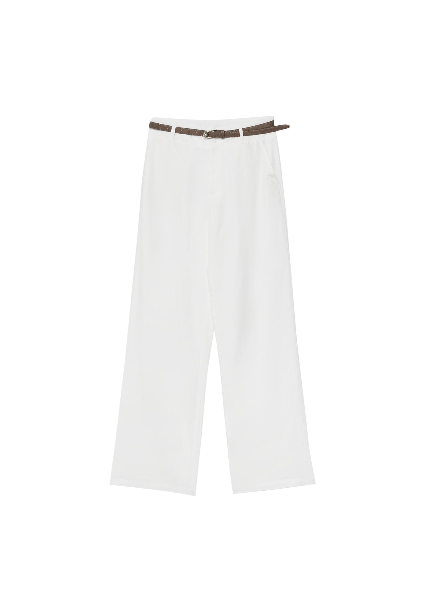 Kemerli, keten görünümlü düz paça pantolon - Görsel 15