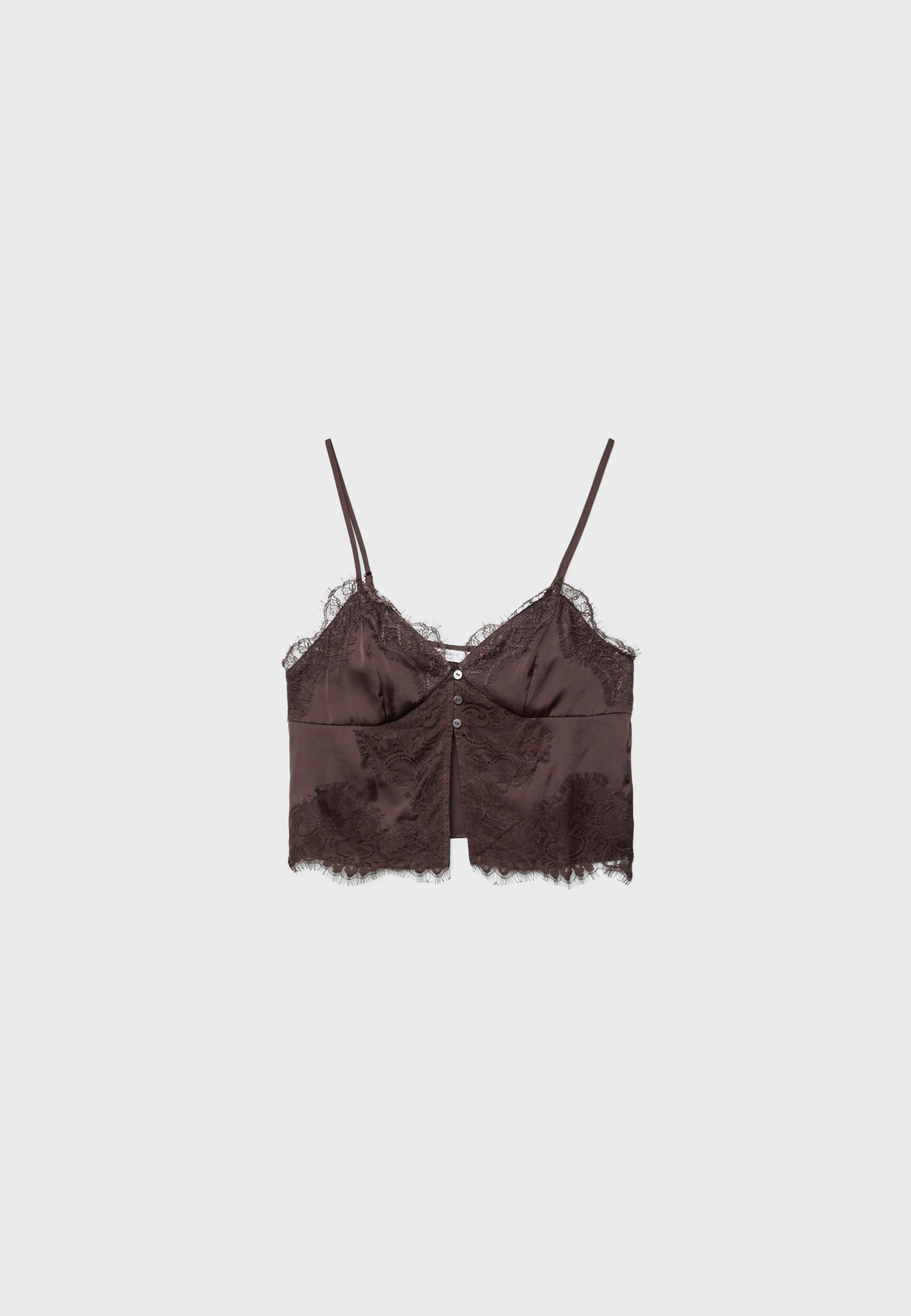 Strappy satin lace top — Brown
