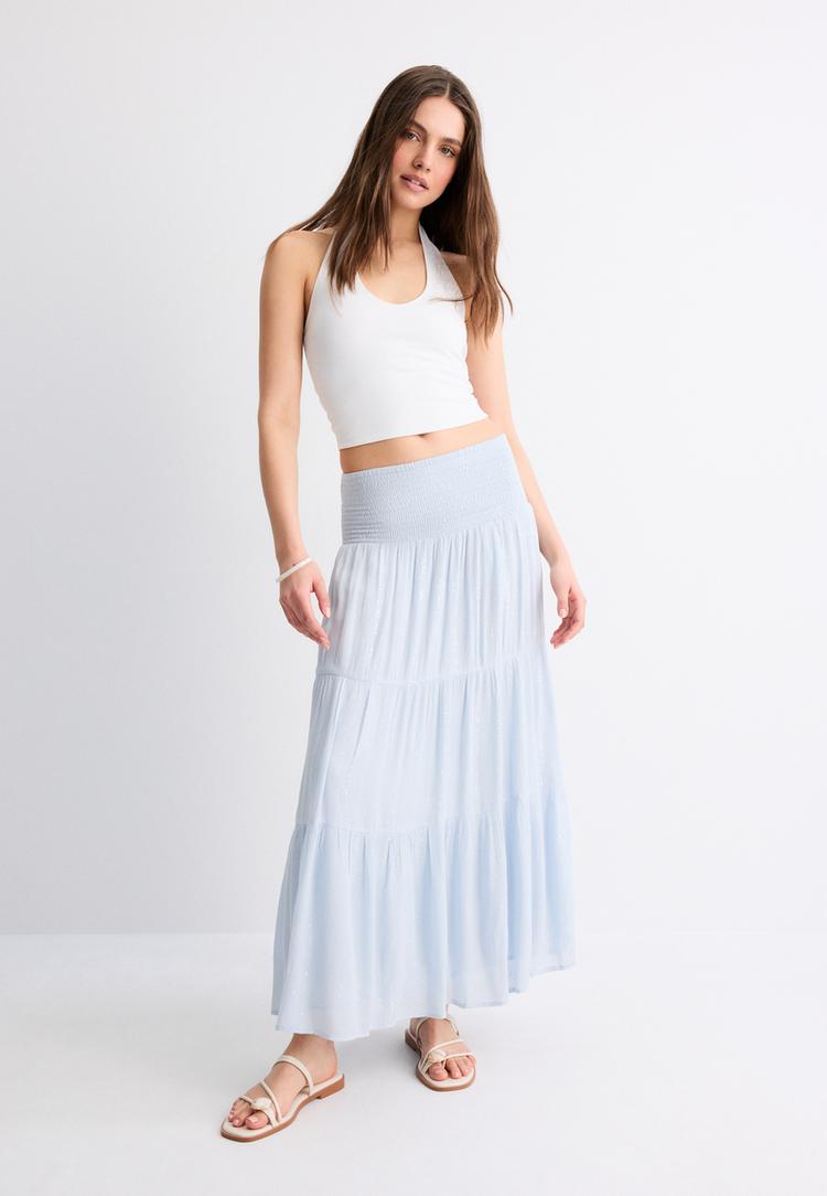 Metallic thread panelled skirt — Sky blue