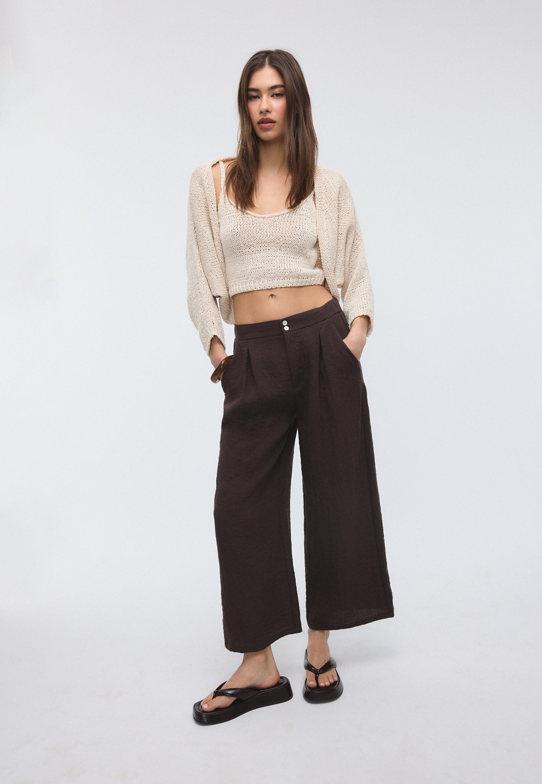 Keten görünümlü culotte pantolon