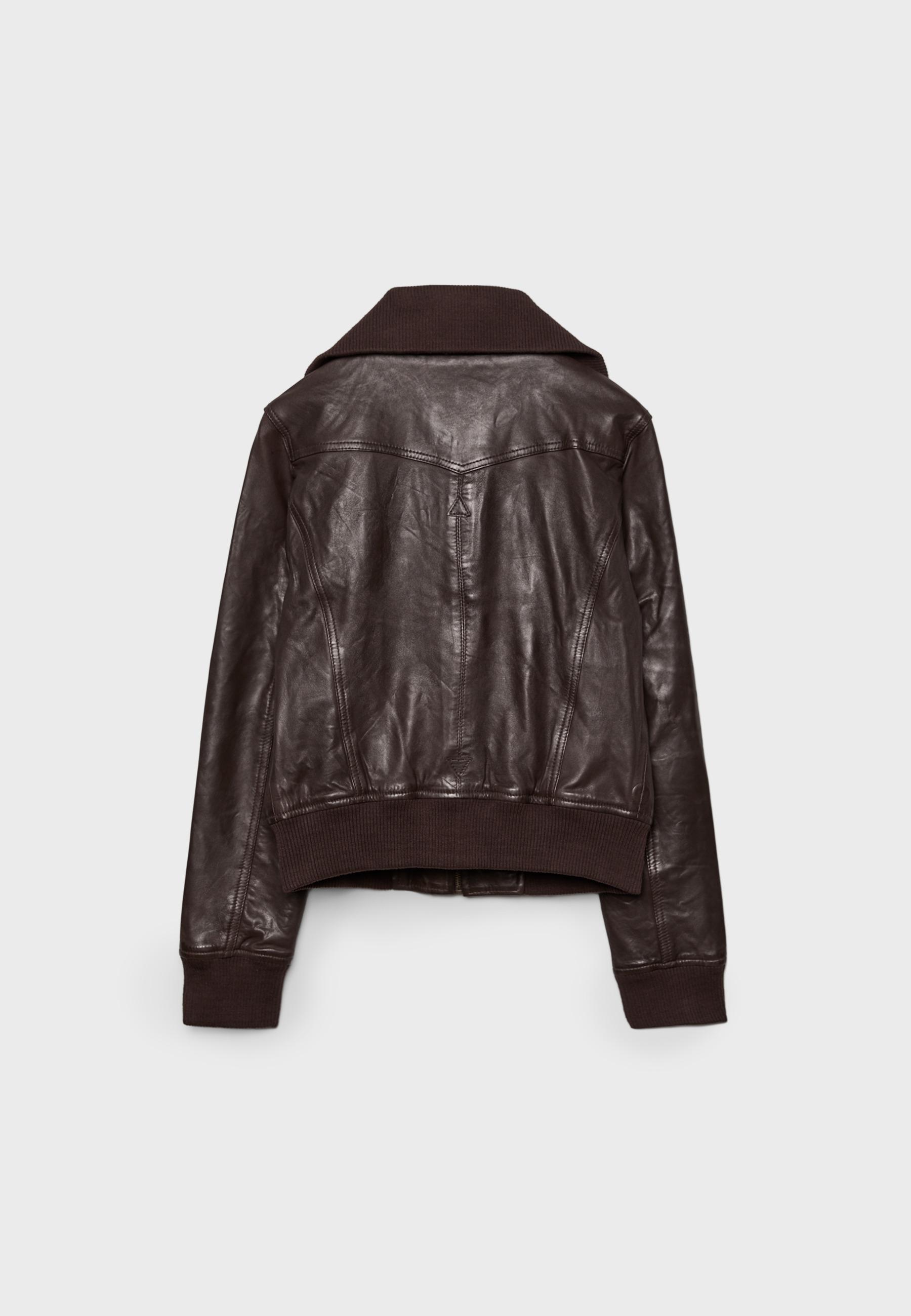 Ribbed Combined Leather Jacket — Brown