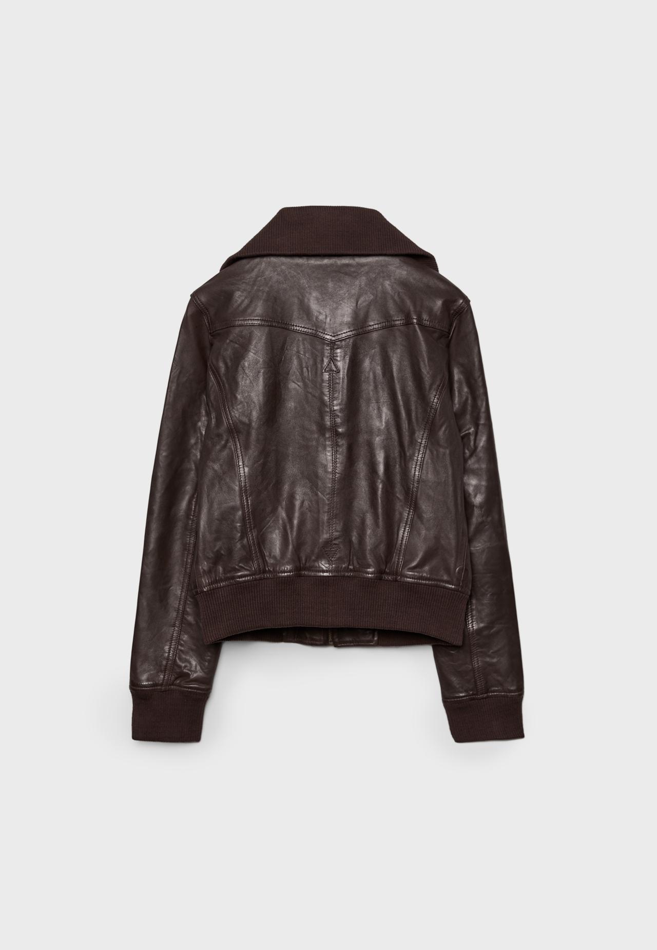 Leather jacket with ribbed trim — Brown