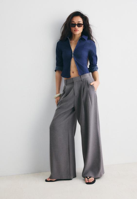 Stradivarius Pantalon Super Wide Ajustable Gris Marengo 36