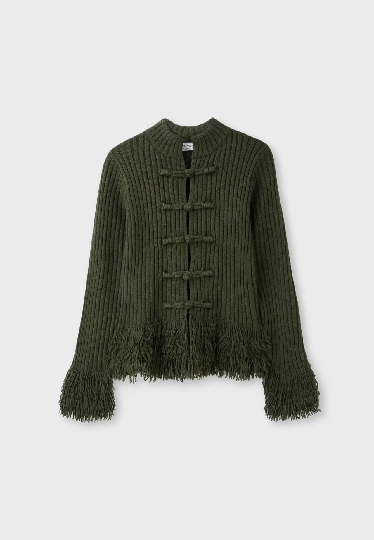 Fringed knit cardigan — Khaki