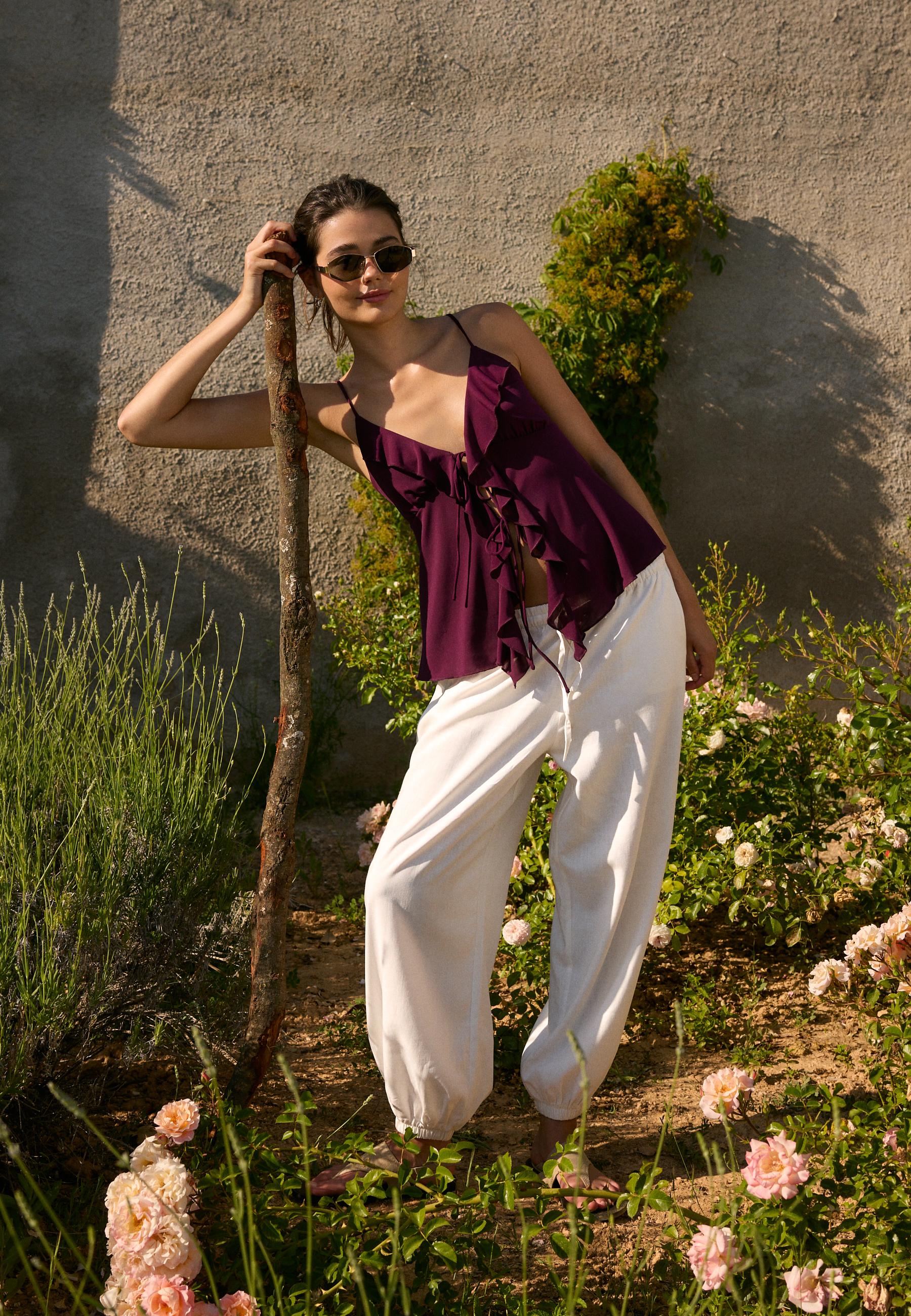 Linen-effect sarouel trousers — White