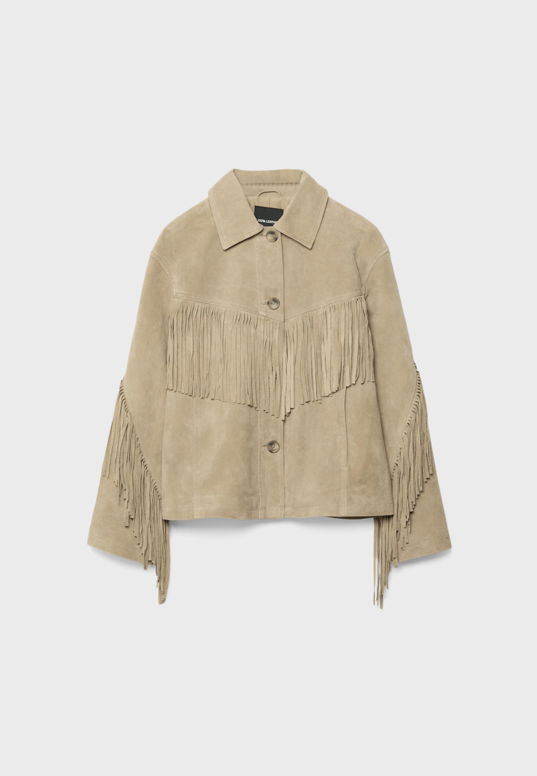 Fringed leather jacket — Stone