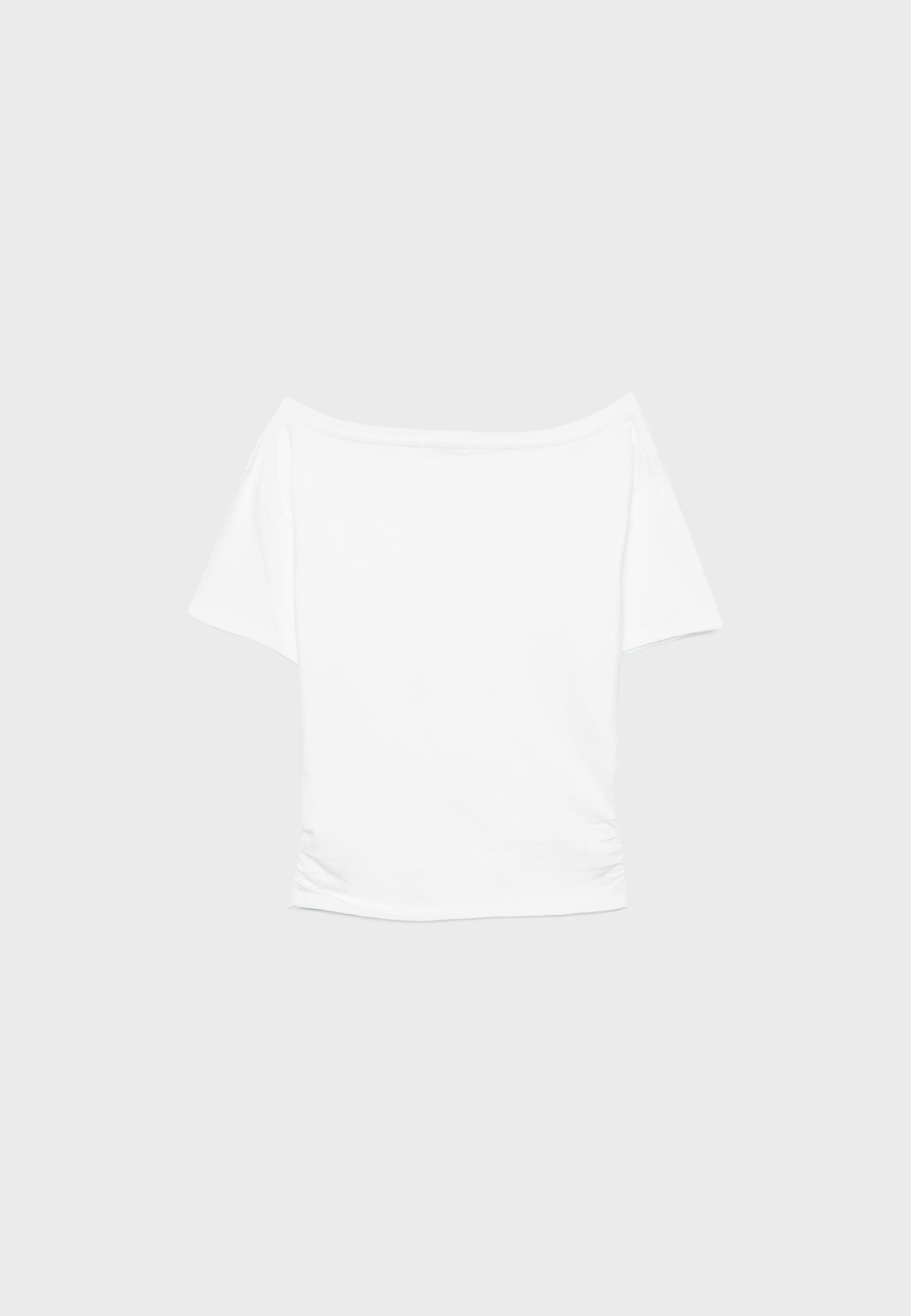 Short sleeve boat neck T-shirt with gathers — White