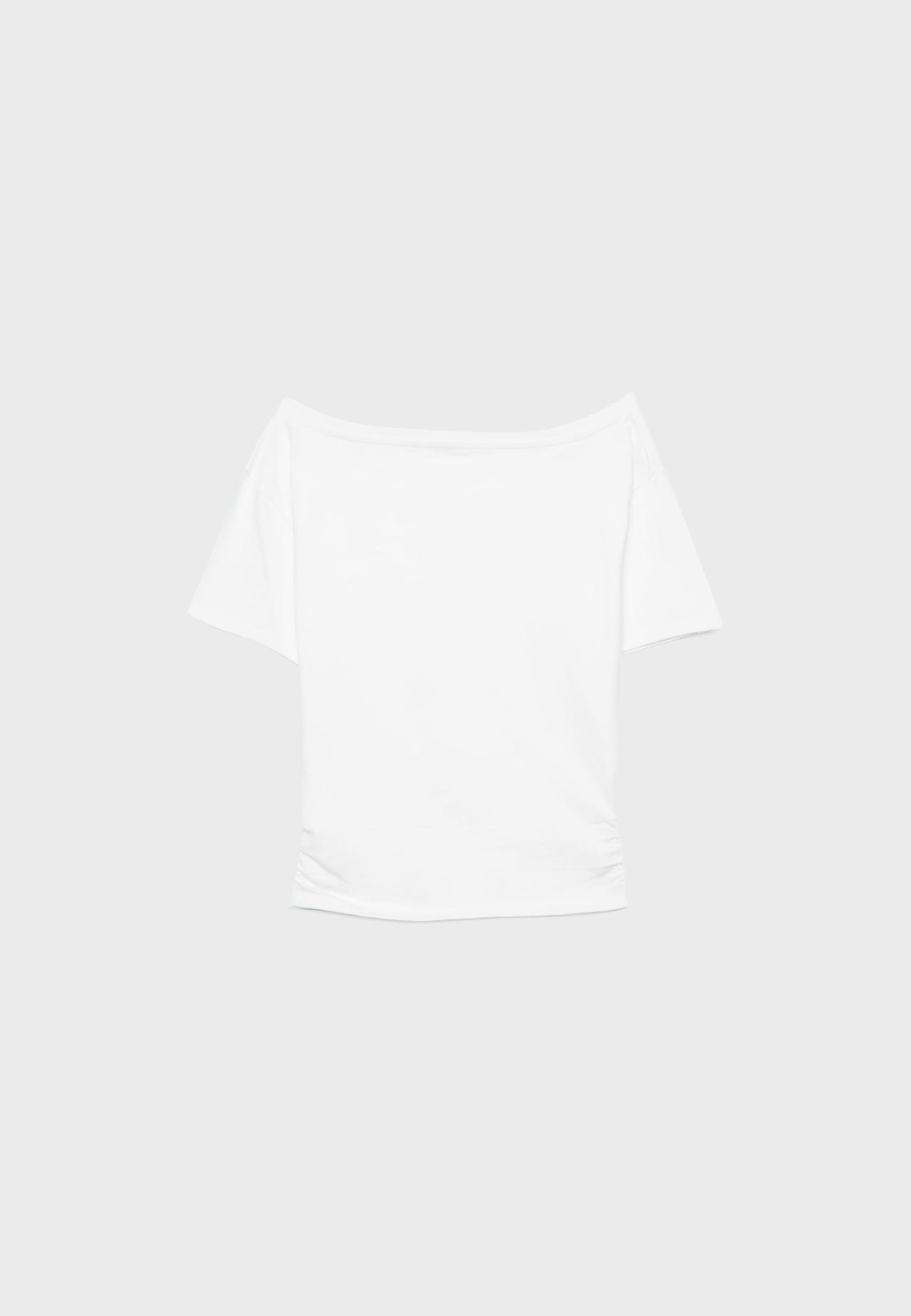 Short sleeve boat neck gathered top — White