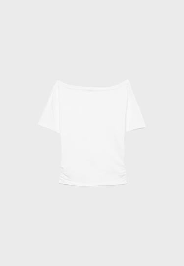 Short sleeve boat neck gathered top — White 7