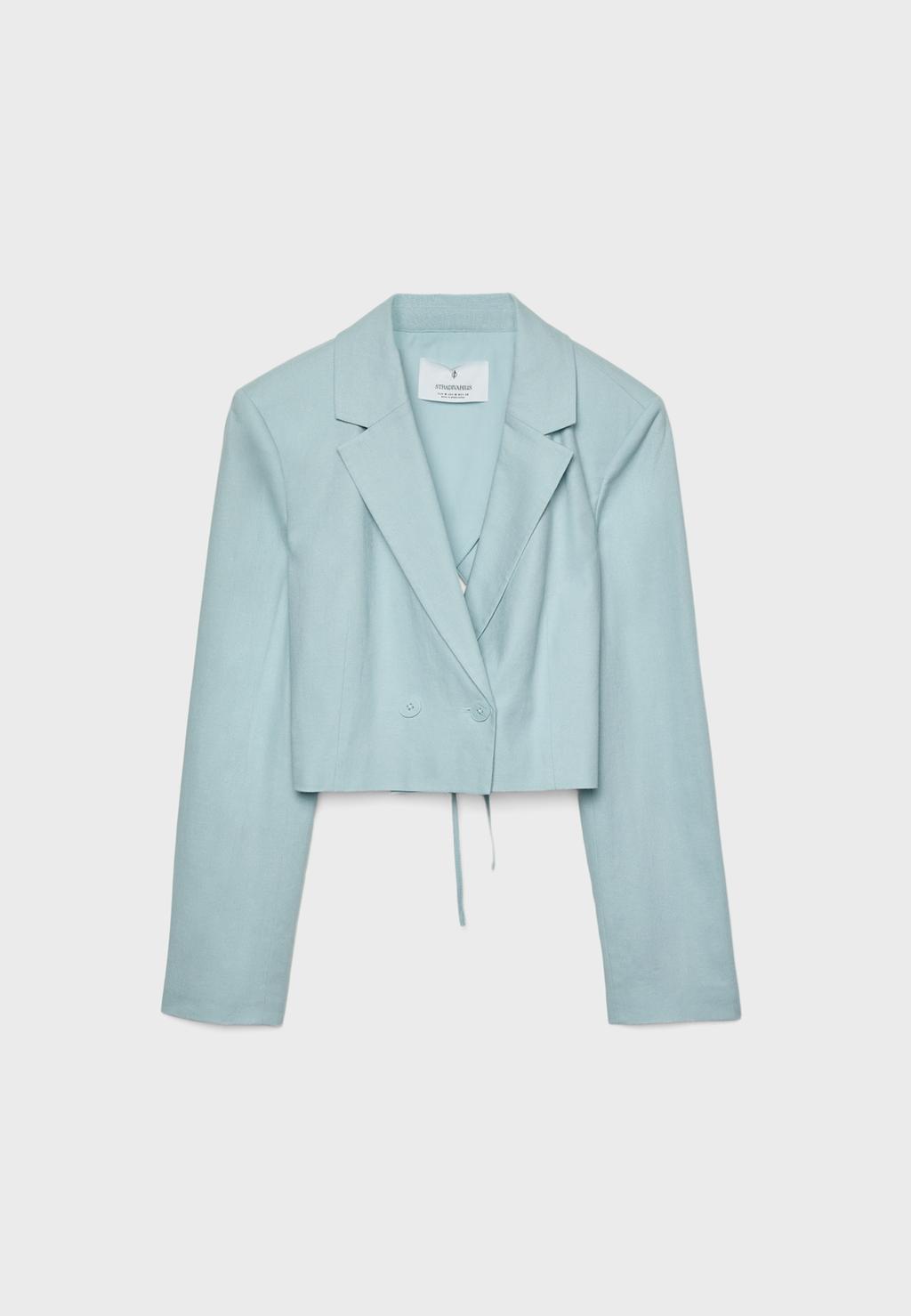 Blazer cropped nœud dos lin