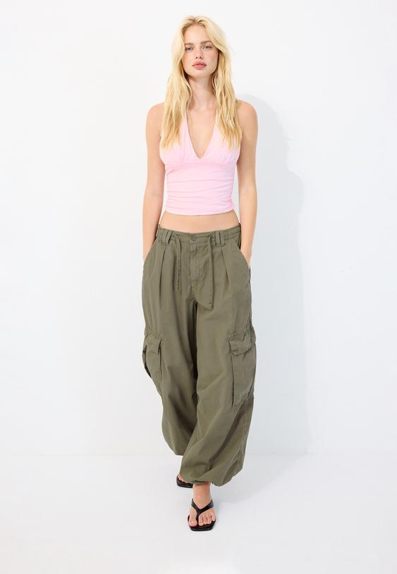 ruched halter top with neck tie