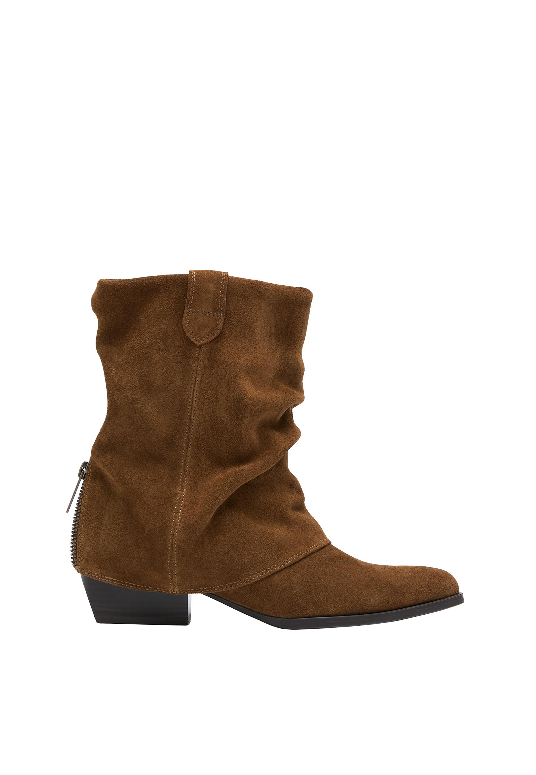 Leather slouchy cow-style mid-heel joots — TAN