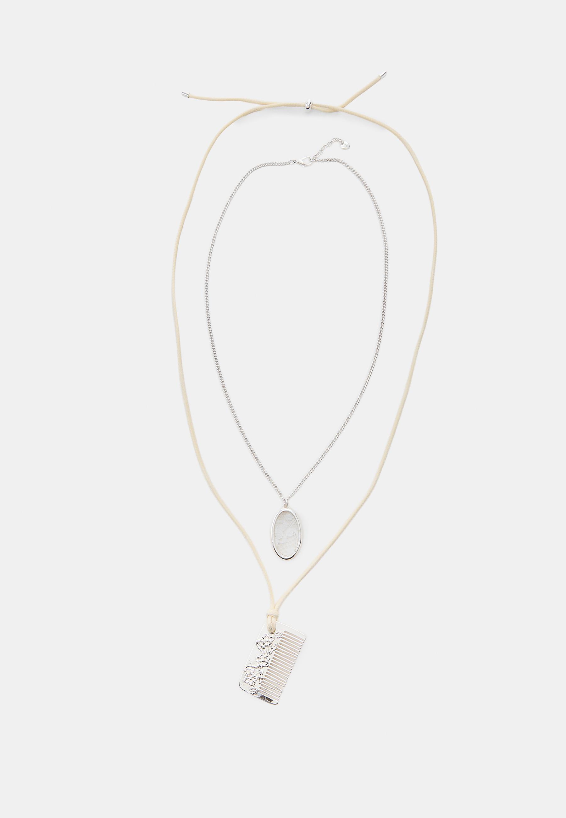 Stradivarius Σετ 2 Κολιέ Με Μενταγιόν Χτένα Γκρι Os