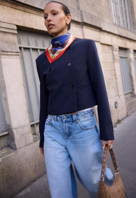 Stradivarius Cropped Round Neck Blazer Navy Blue Xs