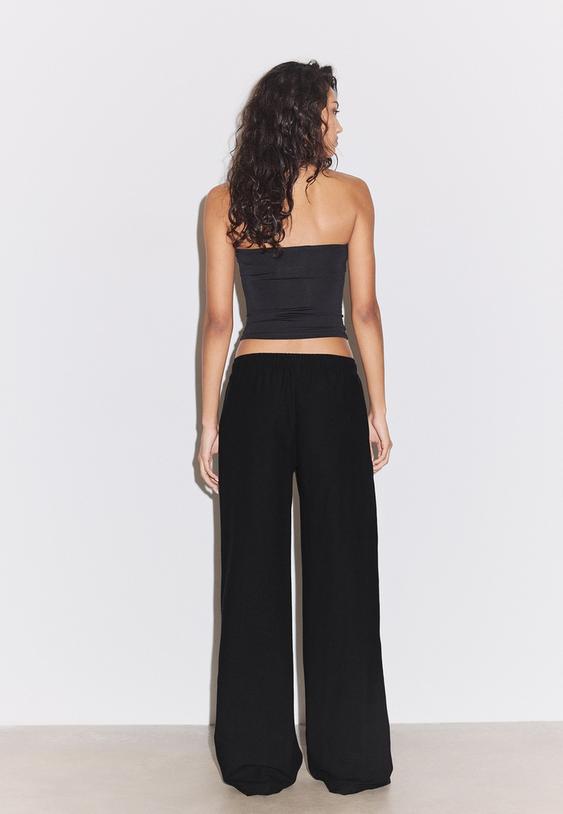 Stradivarius Linen Blend Drawstring Trousers Black Xs