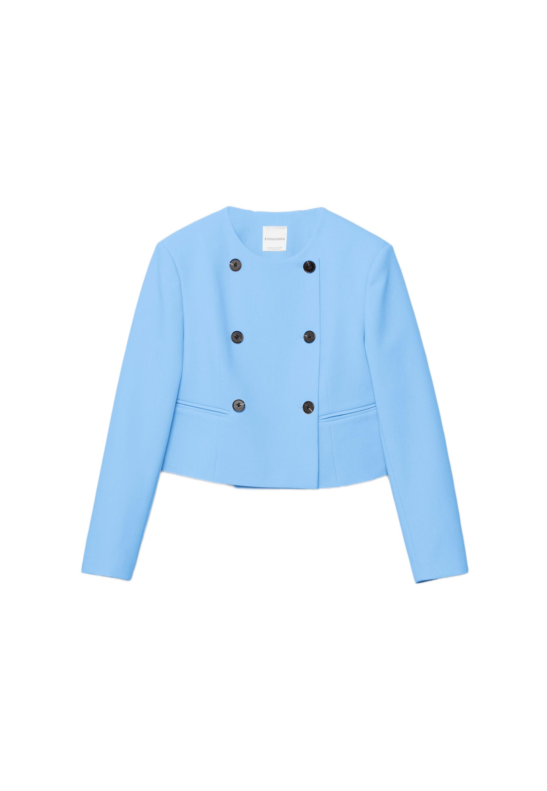 Cropped round neck blazer — Sky blue