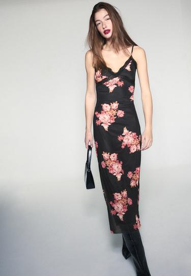 Floral tulle midi dress with lace — Black 2