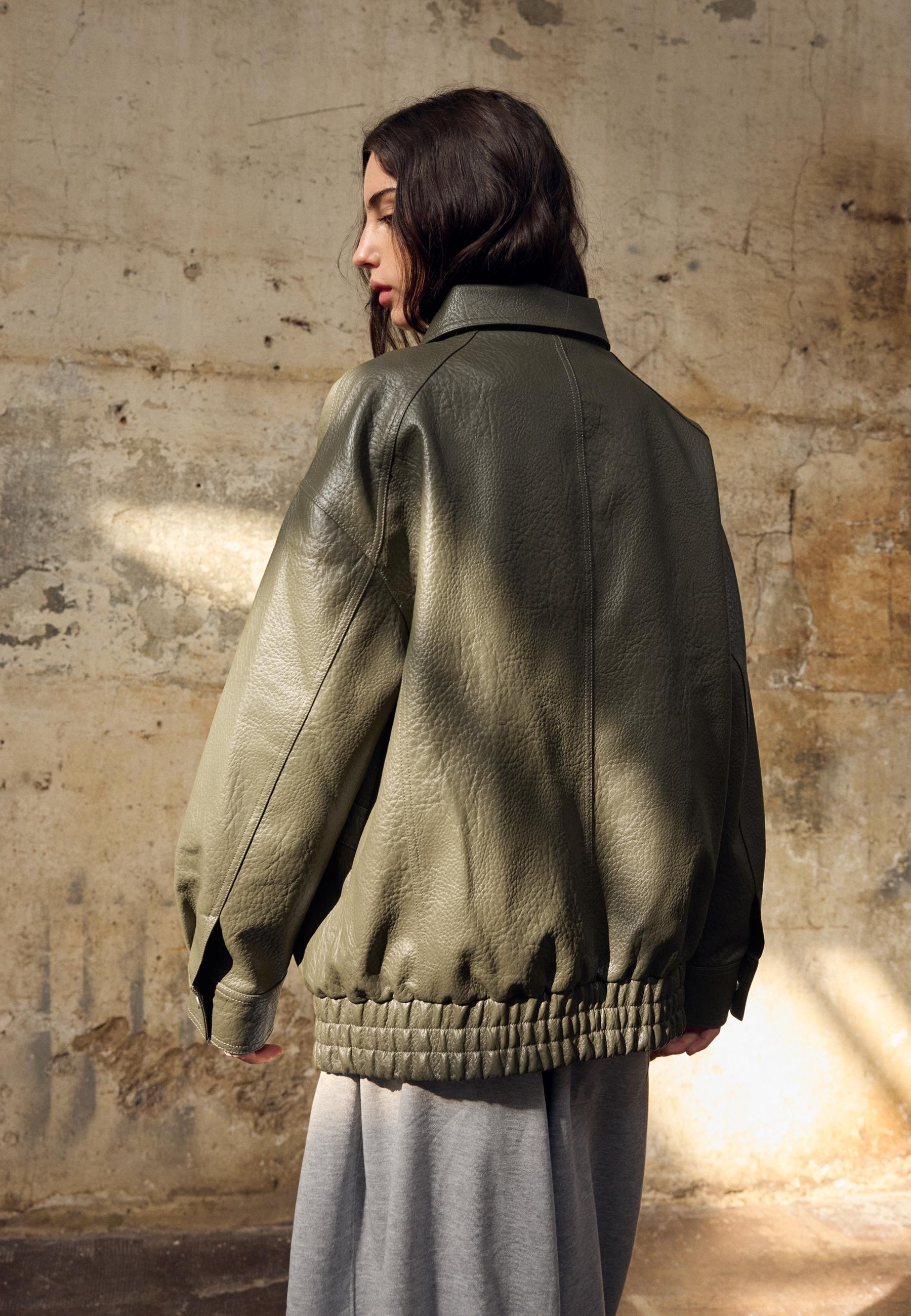 Oversized leather effect button-up jacket — Khaki