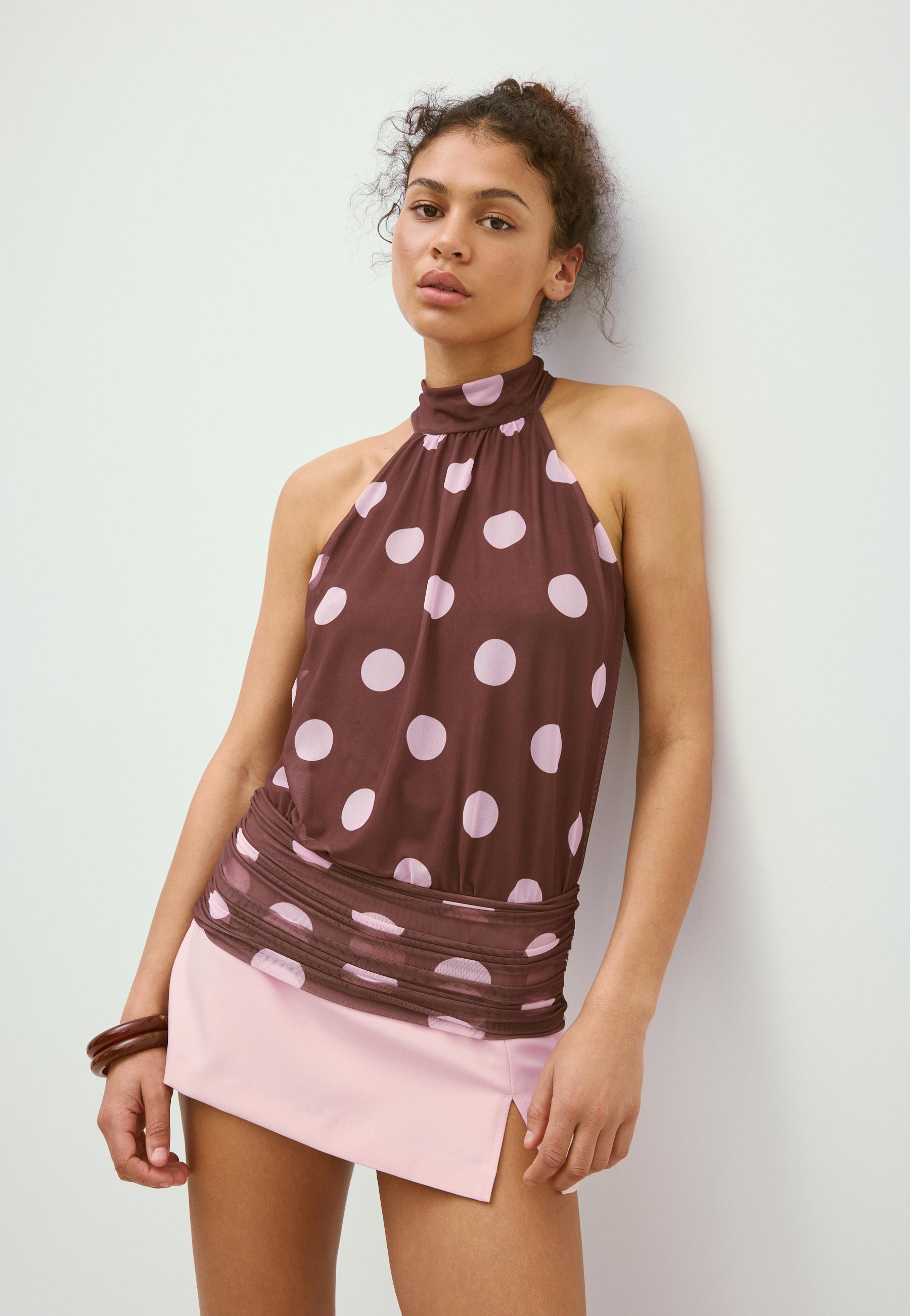 Puff mesh print halter top — Salmon pink