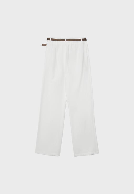 Kemerli, keten görünümlü düz paça pantolon - Görsel 13